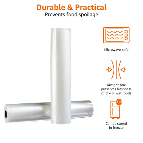 White Vacuum Sealer Bag Rolls Two Pack Heavy Duty Food Storage Compatible With Any Machine Hella Durable And Straight Up Essential For Freezer Safe Food Prep, showing two rolls with airtight seal features.