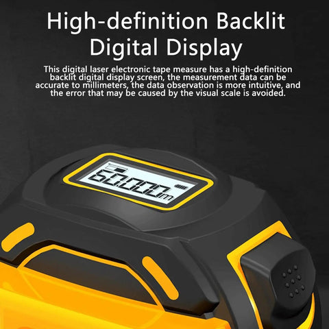 Pro Grade Digital Laser Tape Measure Workhorse 60 Meter 197 Ft Range with high-definition backlit digital display.