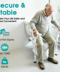 Rock Solid Foldable Toilet Safety Rail For Seniors Crafted From Heavy Duty Aluminum Reinforced With Tough As Nails Carbon Frame Holding Five Hundred Pounds Smooth Bathroom Assist with seated senior in bathroom.
