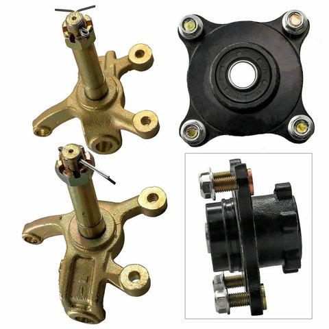 Front Wheel Hub Steering Knuckle Spindle And Brake Disc Rotor For ATV Quad Go Kart No Caliper Heavy Duty Front Rotor Assembly Easy Install Beefed Up Durability, showing components including hub spindle and rotor plate.