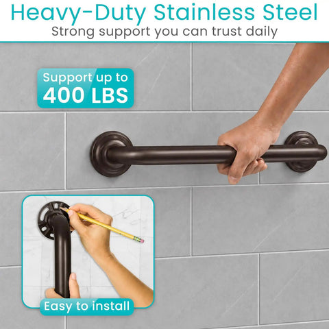 Solid as a Rock Shower Grab Bar Heavy Duty Bathroom Handrail with Zero Slip Grip for safety support, shown being installed.