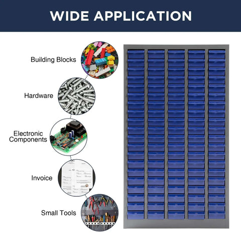 100 Drawer Tool Storage Cabinet For Bolt And Nut Organization With Pro Grade Durable ABS Drawers and labeled storage uses.