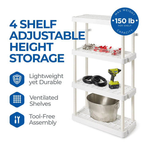 Real Deal Slick Four Tier Adjustable Height Storage Rack For Home Garage Laundry Room And Kitchen Pantry Medium Duty Organizer System Connectible Design White Two Pack Bundle displayed with tools and storage items.