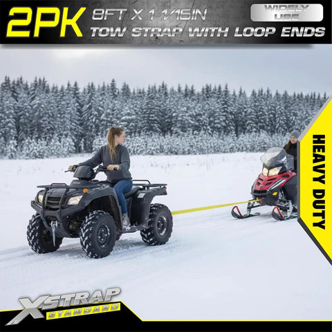 Two Pack Three Quarter Inch By Eight Foot Web Tow Straps Loop End Design delivering heavy lifts with ATVs in snow.