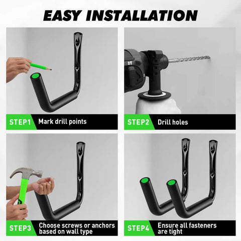 Easy installation steps for Tough As Nails Heavy Duty Kayak Storage Rack Double Pack Wall Mount Garage Hooks with foam wrapping.