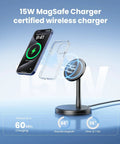 Two Pack Magnetic Wireless Charger Stand For iPhone MagSafe 15W Fast Charge Dock For iPhone and AirPods, charging graphic.