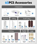 65 pieces of accessories for Badass Cordless Mini Rotary Tool, including engraving bits, sanding bands, polishing wheels, and collets.