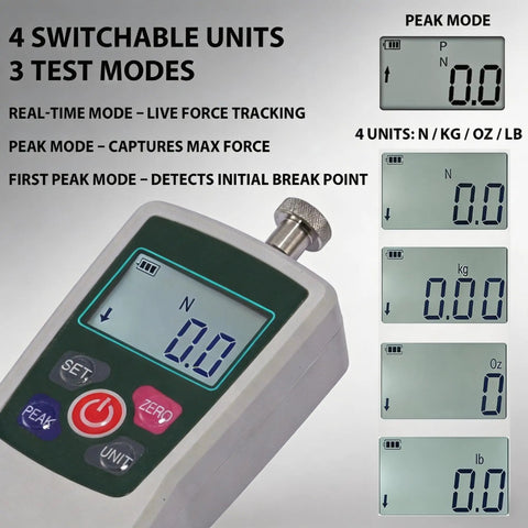 Straight Shooter 500N Digital Force Gauge equipped with test modes showing measurement units on display.