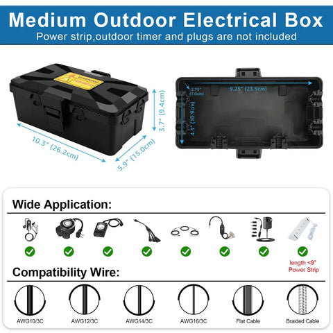 Medium Weatherproof Electrical Box For Rock Solid Power Strip Guard And Extension Cord Tidy Up With Secure Rubber Latches Rain Debris Shutoff Crafted For Backyard Projects dimensions and layout illustration