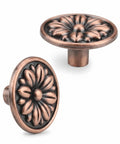 Top Shelf Vintage Antique Copper Floral Cabinet Handles 15 Pack Solid Zinc Alloy Single Hole Drawer Pulls Built Tough Rust Resistant For Kitchen Dresser Cupboards Easy Mount Heavy Duty Embossed Hardware close-up showing floral design.