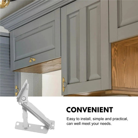 Pair Of Kickass 80 Degree Scissor Hinges For Cabinet Doors And Sofas With Spring Loaded Folding Support shown installed on cabinets.