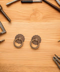 Six Pack Vintage Style Brass Drawer Knobs and Ring Pull Handles Set for Cabinets, Drawers, Wardrobes, and Dressers displayed with tools.