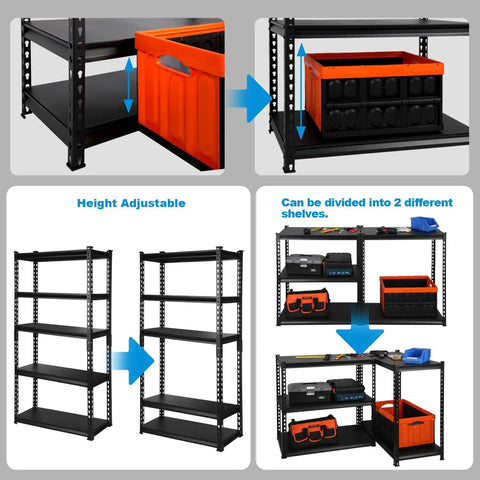 Heavy Duty Five Tier Metal Shelving Unit 1650 Pound Capacity Adjustable Layers For Garage Basement Kitchen Or Warehouse, showcasing adjustable height and shelf division.