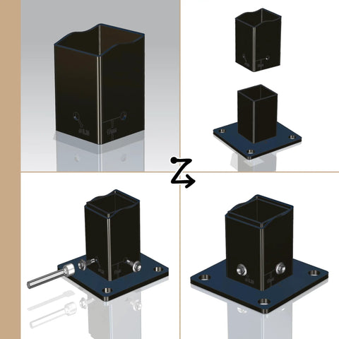 Heavy Duty Steel Fence Base Flange Kit for 2 Inch Square Posts showing base, cover, bolts, screws and EVA paddings