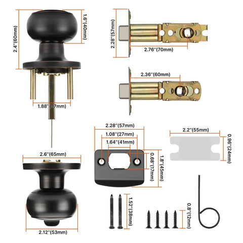 Components and dimensions of 10 Pack Oil Rubbed Bronze Interior Door Knobs Privacy Round Doorknobs For Bedroom Or Bathroom Classic Hardware Set