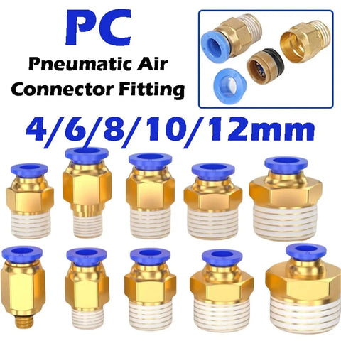 50 Piece Pneumatic Air Hose Fittings Kit With Push To Connect Connectors In 4mm 6mm 8mm 10mm 12mm Sizes And Thread Options One Quarter One Half One Eighth Three Eighth M5 For Quick Easy DIY Assembly In Workshop And Garage, brass fittings