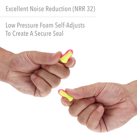 Hands holding Hi-Vis Foam Earplug Refills For Leight Source 500, magenta and yellow, NRR 32, self-adjusting foam earplugs.