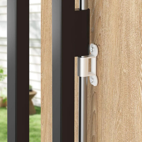 Close-up view of Top Shelf White Fence To Wall Anchor Kit For Tight Dog Playpen Sets compatible bracket mounted on wooden post.