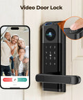 Video Smart Lock With Hd Camera And Wireless Doorbell Auto Locking Deadbolt Keyless Entry For Front Door on door with smartphone close-up.