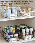 Home Run Plastic Shelf Tags With Zero Hassle Snap Hooks And Ready Paper Cards For Heavy Duty Wire Baskets to show drinks, nuts, dressings, and spices.