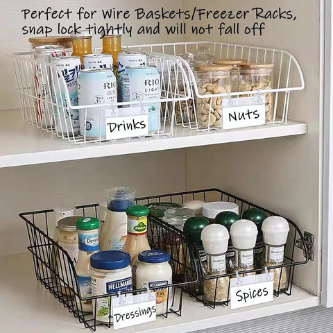Home Run Plastic Shelf Tags With Zero Hassle Snap Hooks And Ready Paper Cards For Heavy Duty Wire Baskets to show drinks, nuts, dressings, and spices.