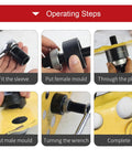 Operating steps for Beefy Heavy Duty Manual Punch Kit With Ratchet For Sheet Metal, showing sleeve fit and mold setup.