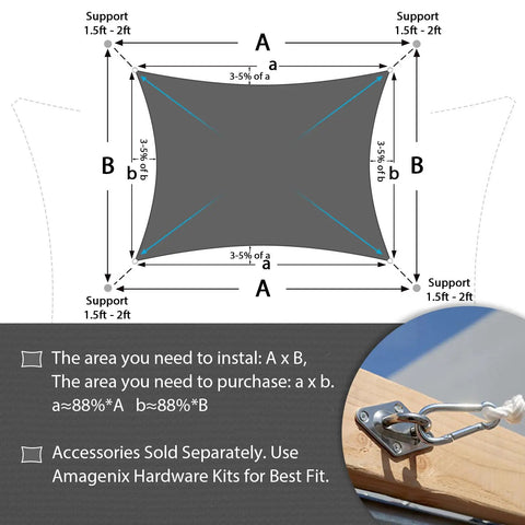 Installation diagram for Rectangle Shade Sail 12x20 Foot Dark Gray Outdoor Sun Shade Canopy with hardware recommendations