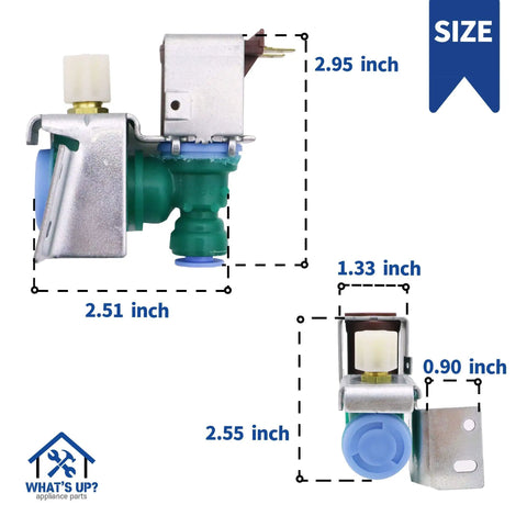 Water Inlet Valve Replacement for Whirlpool Refrigerators IMV 8100 W10238100 WPW10238100 showing dimensions and connectors.