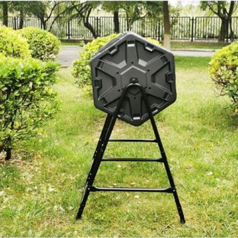 Dual Chamber Tumbling Compost Bin Rotating With 2 Doors For All Season Outdoor Gardening 140L 37 Gallon Built Tough Heavy Duty Yard Bin For Quick Easy Mixing And Faster Finished Compost side view on grass