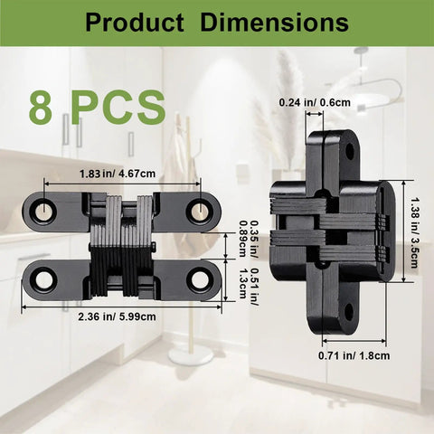 Product dimensions of 8 Pack Professional Grade Rock Solid Invisible Hidden Door Hinges With 180 Degree Full Swing for Secret Door.