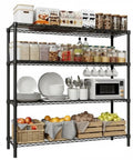 Rock Solid 4 Tier Metal Storage Shelves Heavy Duty Industrial Grade Garage Organization Rack 47 Inches Wide 2640 Pound Capacity with kitchen items and microwave.