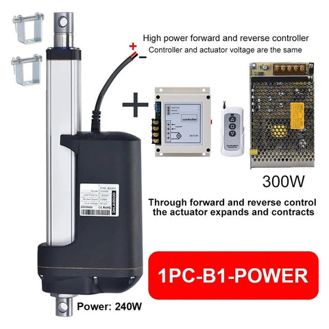 Heavy Duty DC 12V Linear Actuator With 1100mm Stroke And 12000N Rock Solid Thrust, controller and power supply visible.