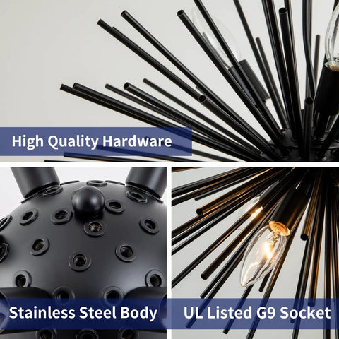 Close-up of Modern Black Sputnik Chandelier 9 Light Pendant Ceiling Fixture With Starburst Firework Design details including sockets and steel body.