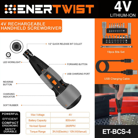 2 In 1 Cordless Electric Screwdriver Kit With LED Light And USB Charging, showing screwdriver with 19 piece bit set and USB cable