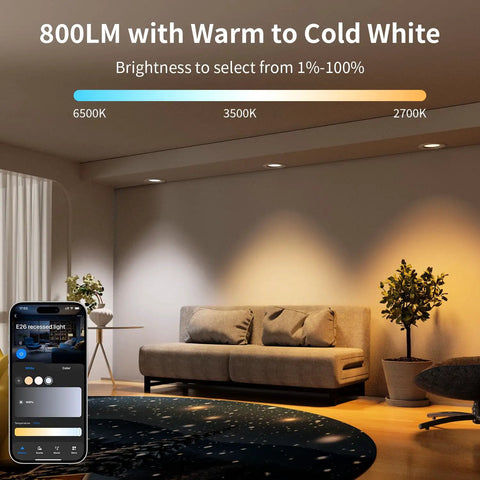 Living room scene showcasing Peteme E26 Retrofit LED Recessed Lighting 4 Inch, IC Rated ETL Certified with adjustable brightness.