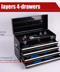 21 Inch Heavy Hitter Metal Tool Box With Four Smooth Drawers And Tight Auto Latching Steel Tool Chest Built Legit For Shop Grind And Weekend Warrior Gear Black showing open lid and four drawers with tools inside.