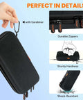 Heavy Duty Double Layer Hard Shell Electronics Organizer Travel Case With Hella Tough Impact Armor, showing carabiner and durable zippers.