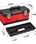 Badass Portable Tool Organizer Case Featuring Heavy Duty Plastic Build Removable Storage Tray And Sure Grip Handle dimensions display.