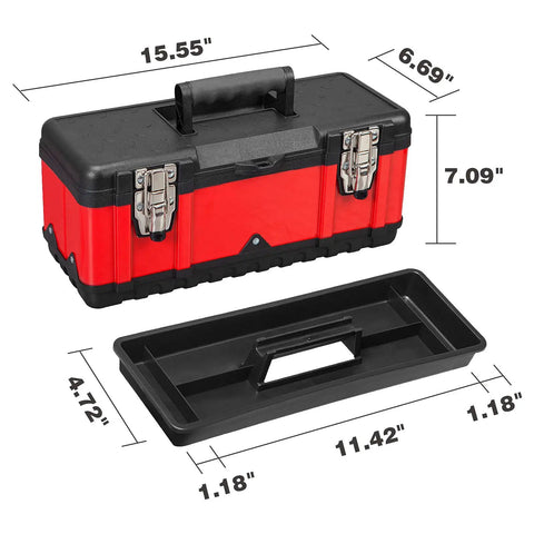 Badass Portable Tool Organizer Case Featuring Heavy Duty Plastic Build Removable Storage Tray And Sure Grip Handle dimensions display.