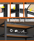 Guidelines for assembling Heavy Duty Garage Shelving Rack Built Like A Tank With Thick Steel Uprights And Durable Boards. Steps shown.