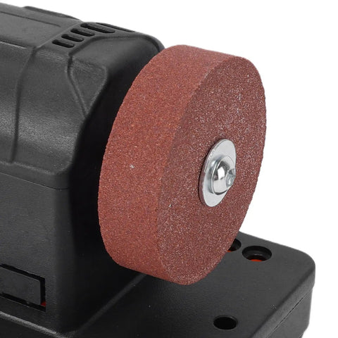 Close-up of the dual grit wheel on Snag This Hella Versatile Mini Bench Grinder compatible with 18V lithium batteries.