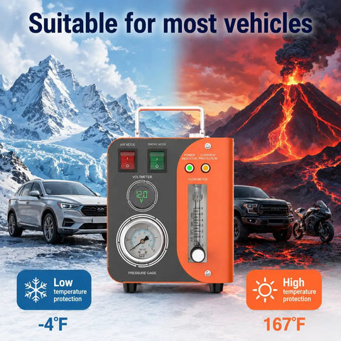 Professional Grade Rock Solid Automotive Smoke Machine With Built In Air Pump For Evap System Leak Testing shown with gauges and modes.