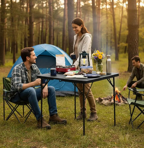 34 Inch Folding Card Table Square with Detachable Legs, Dual Height Adjustable, in use at a campsite with people dining