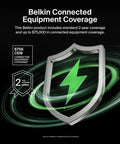 Illustration of shield with green lightning bolt, promoting Belkin Connected Equipment Coverage, 2-year warranty up to $75,000.