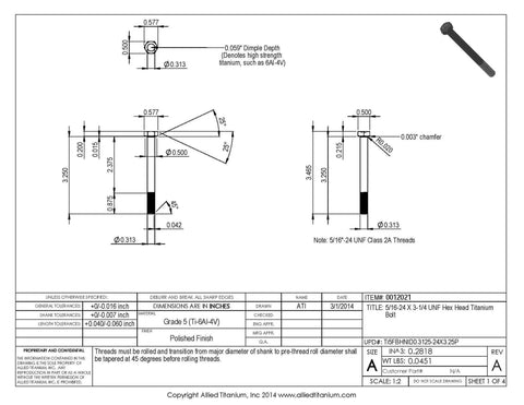 Top Tier Pack Of Three Titanium Hex Head Bolts 5/16-24 X 3-1/4 Unf Grade 5 Ti-6Al-4v detailed technical drawing with dimensions.