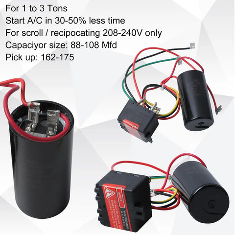 Heavy Duty Hard Start Kit For 1 To 3 Ton AC Units With Prewired CV Capacitor, including capacitor and wiring details.