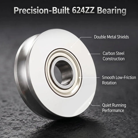 20 Pack Mini V Groove Ball Bearings Pulleys 4x13x6mm showing sealed precision-built 624ZZ bearing with metal shields and carbon steel.