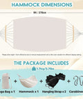 Diagram showing dimensions and components of the Garden Cotton Hammock With Spreader Bar For Patio And Backyard Ultra Comfortable And Strong Up To 450 Lbs Portable Lightweight Hammock With Travel Bag For Camping Outdoor Use And Indoor Relaxation, including hammock size and accessories.