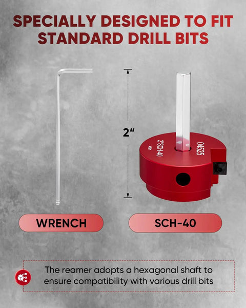 2-Inch PVC Pipe Reamer Kit With 2-Inch Head, Fitting Saver For SCH 40 ABS CPVC Pipes, shown with wrench and drill bit adapter.