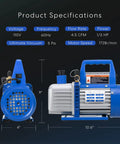 Pro Grade 1/3 HP 4.5 CFM Single Stage Rotary Vane AC Vacuum Pump dimensions with specifications, compact size for HVAC use.